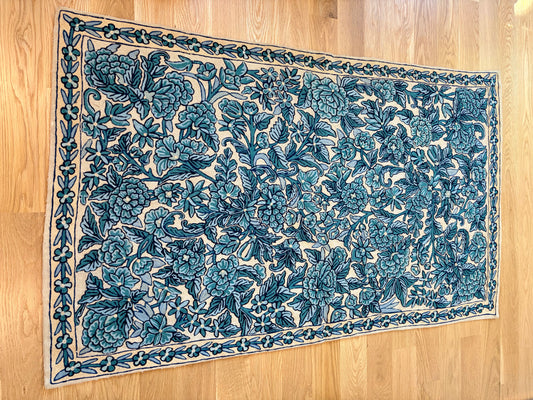 Vintage Blue & White Chain-stitch Crewel Rug