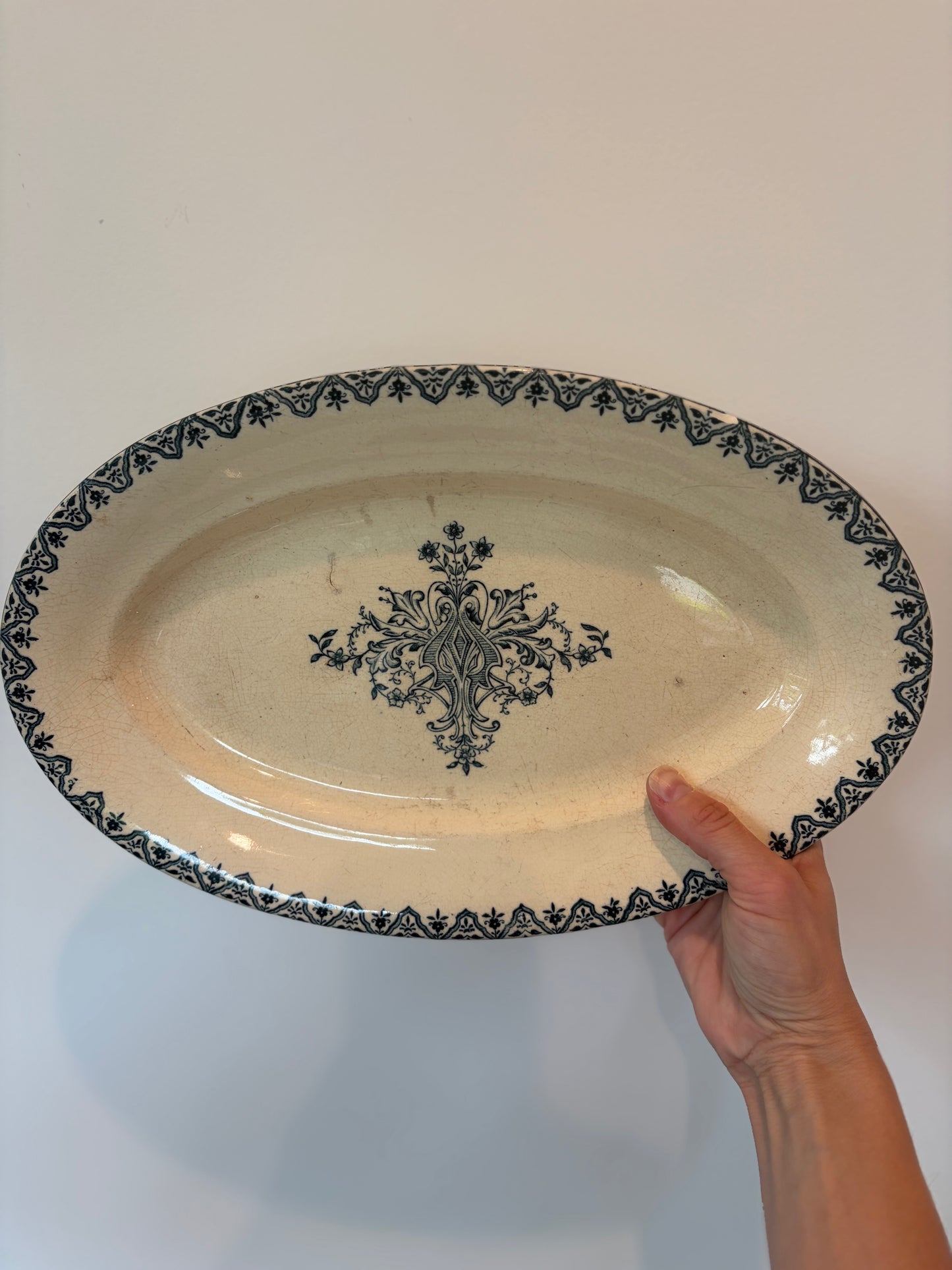 Antique Oval French Transferware Platter with Blue-Green Pattern