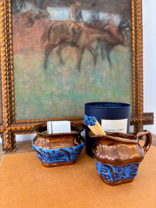 Antique Copper Lusterware Miniature Creamer and Sugar Bowl