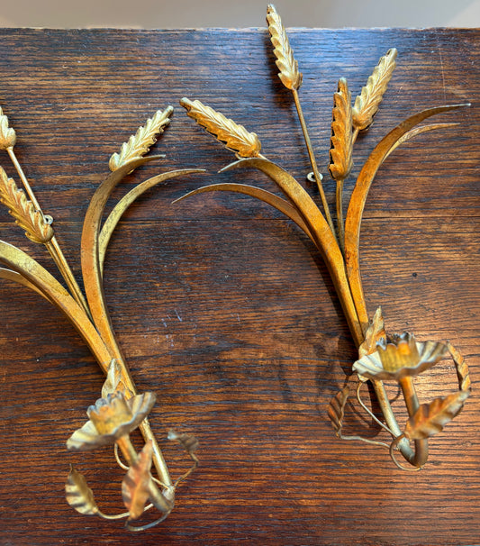 Vintage Pair of Gilt Wheat Sconces
