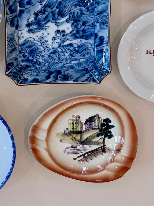 Vintage Hand-painted Ashtray with European Scene