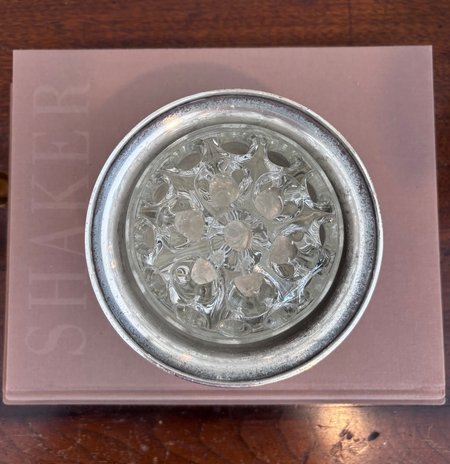 Vintage Art Deco French Flower Frog in Silverplate Dish