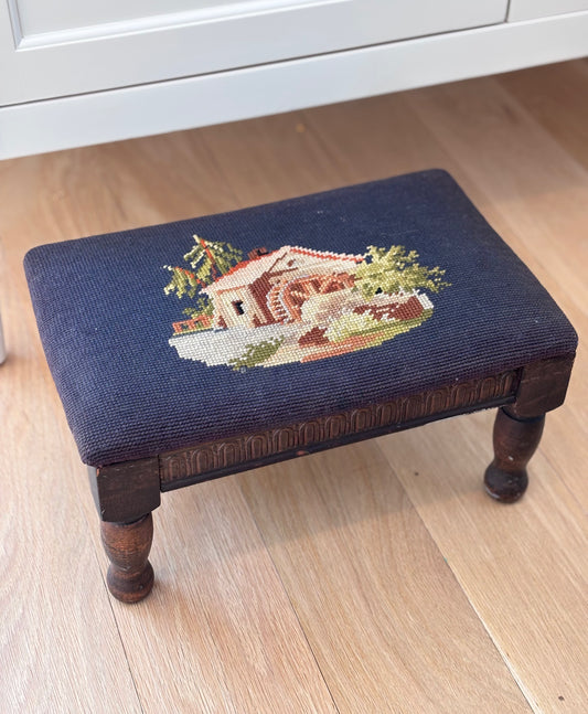 1940 Needlepoint Footstool of Watermill