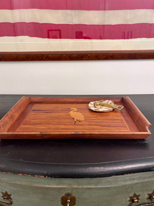 Vintage Wooden Serving Tray with Inlaid Heron