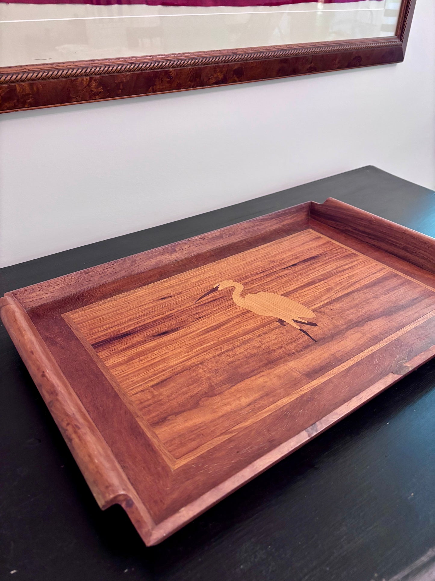 Vintage Wooden Serving Tray with Inlaid Heron