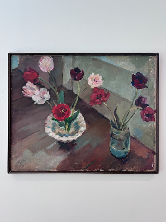 Mid-Century Oil of Two Floral Arrangements in Wooden Frame