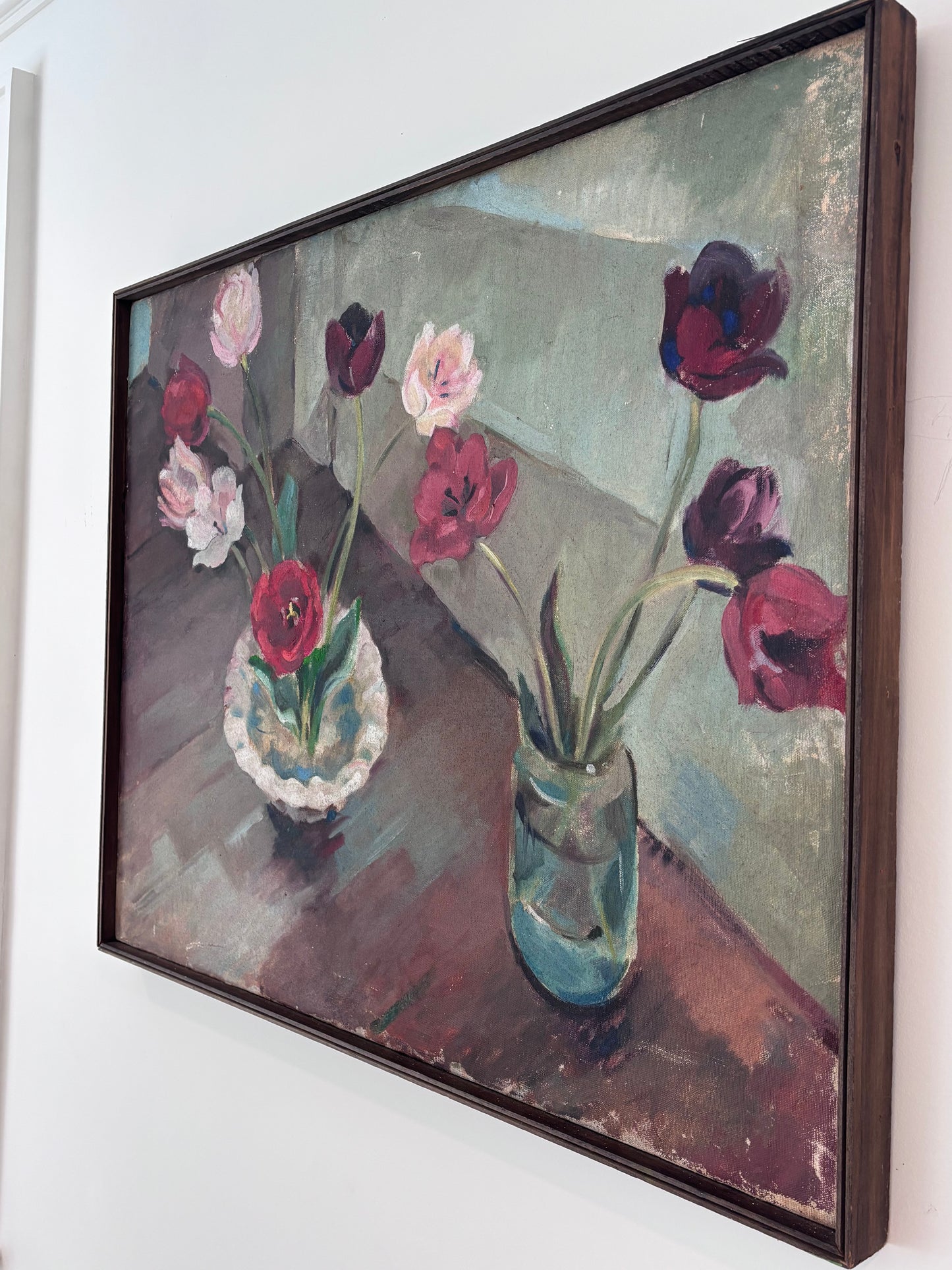 Mid-Century Oil of Two Floral Arrangements in Wooden Frame