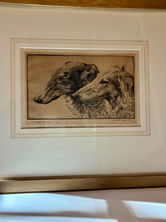 Vintage Framed Etching "Two Borzois" 1933