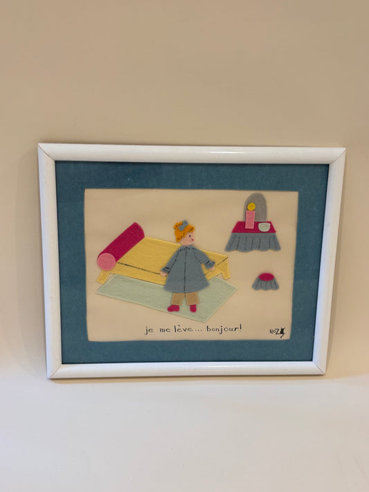 Vintage Felt Art "je me lève...bonjour!"