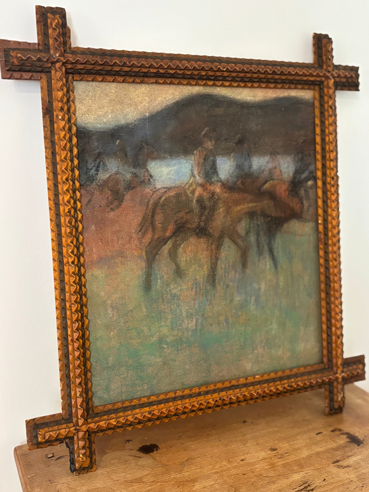 Mid-century Pastel Painting in Antique Tramp Art Frame