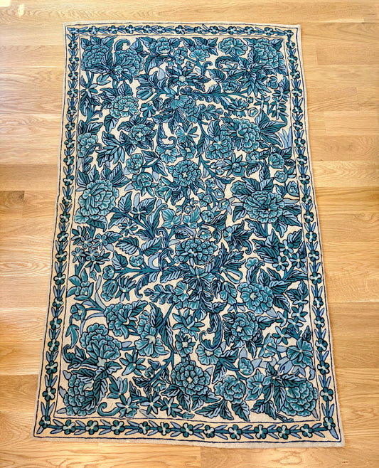 Vintage Blue & White Chain-stitch Crewel Rug