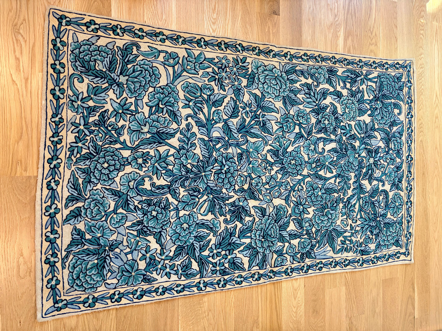 Vintage Blue & White Chain-stitch Crewel Rug