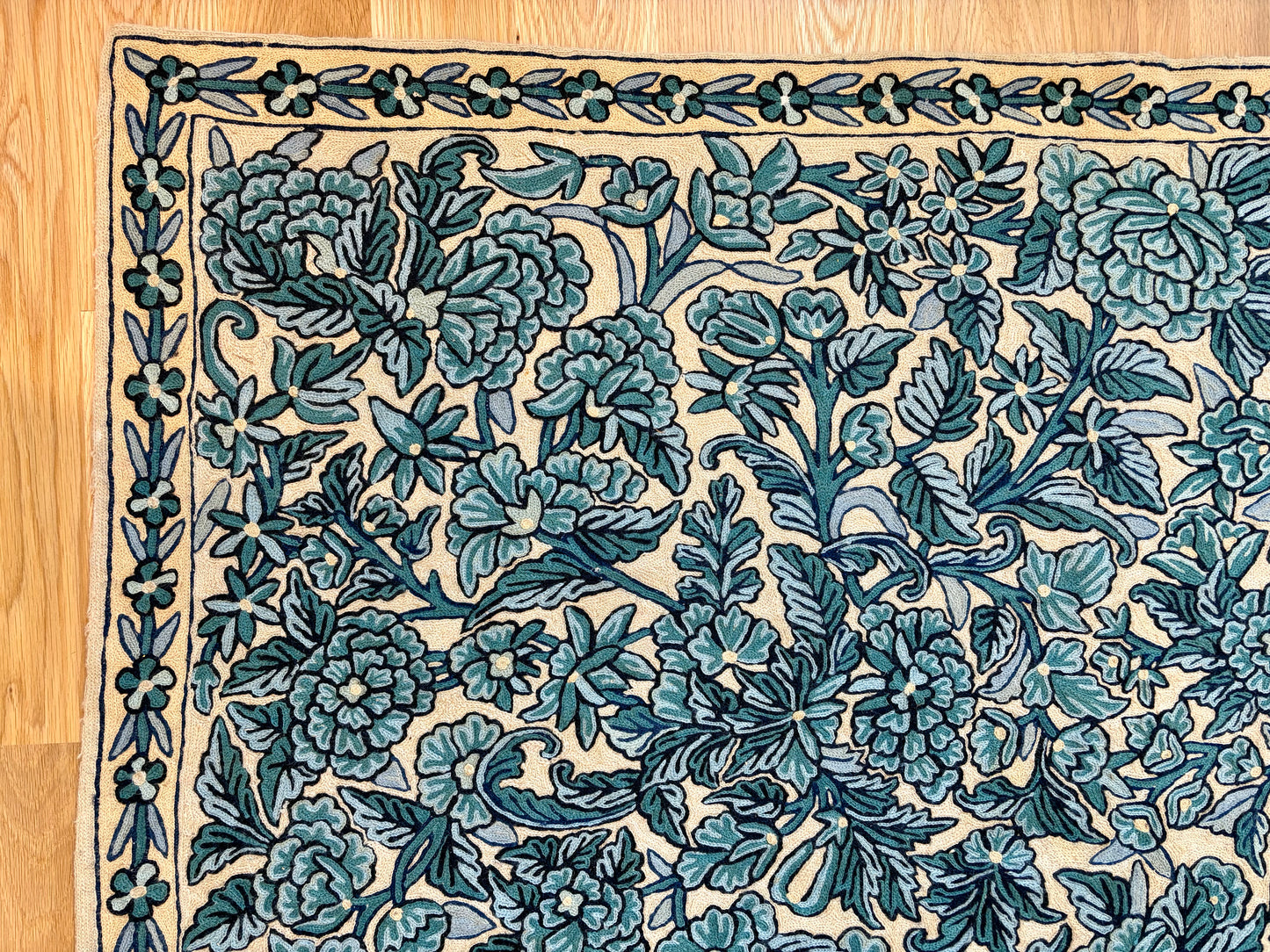 Vintage Blue & White Chain-stitch Crewel Rug