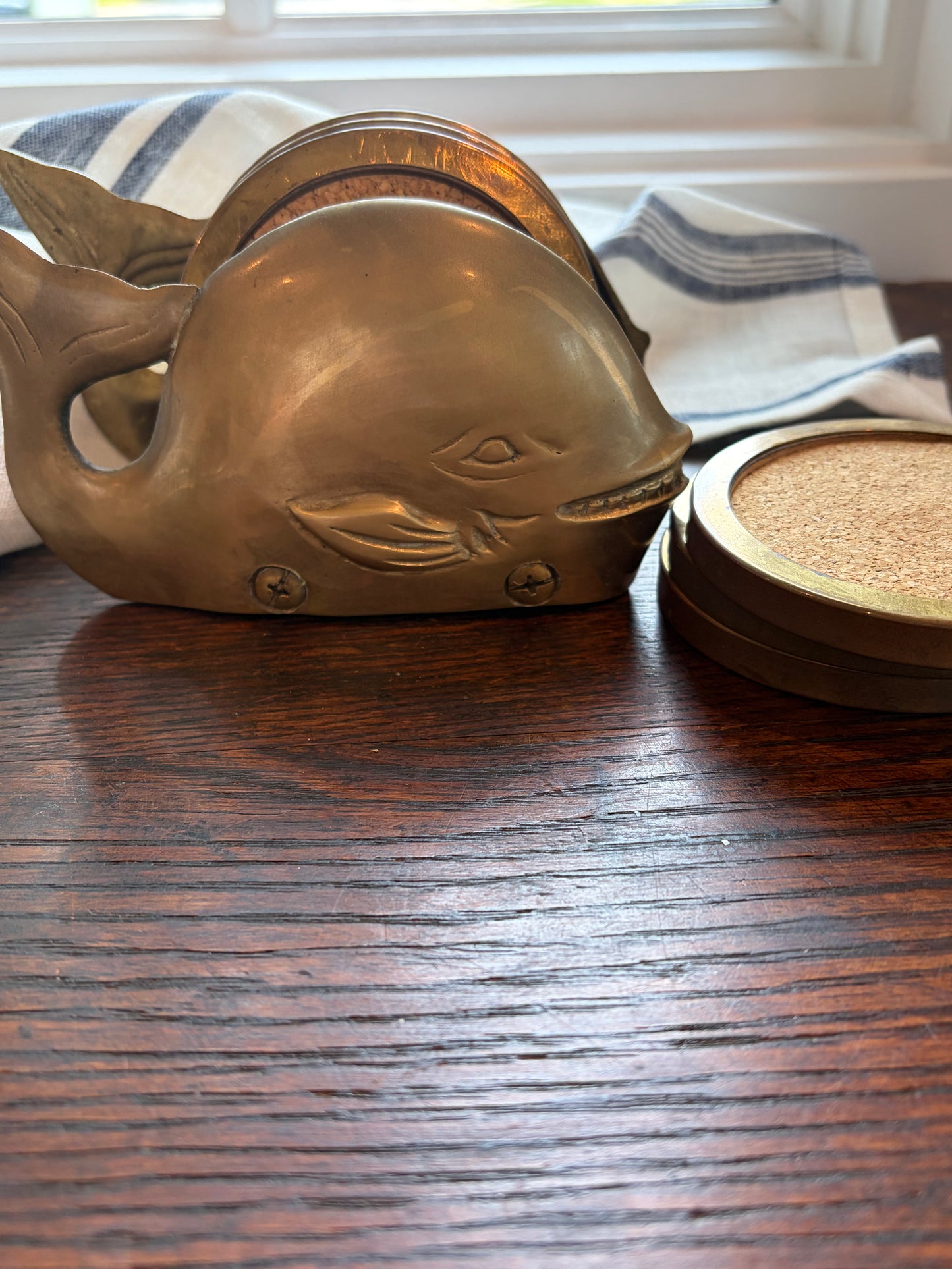 Vintage Brass Whale Coaster Holder Set