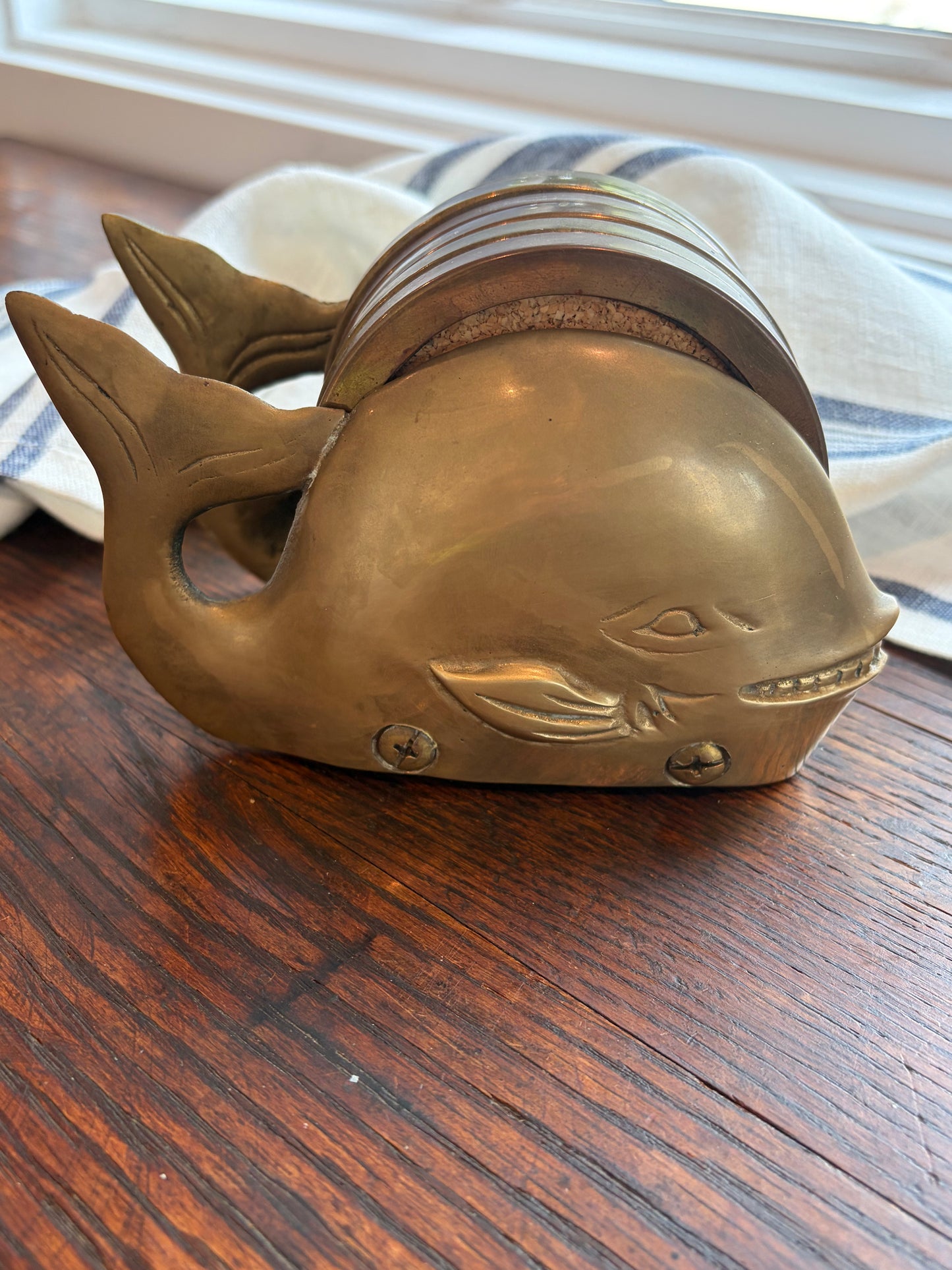 Vintage Brass Whale Coaster Holder Set