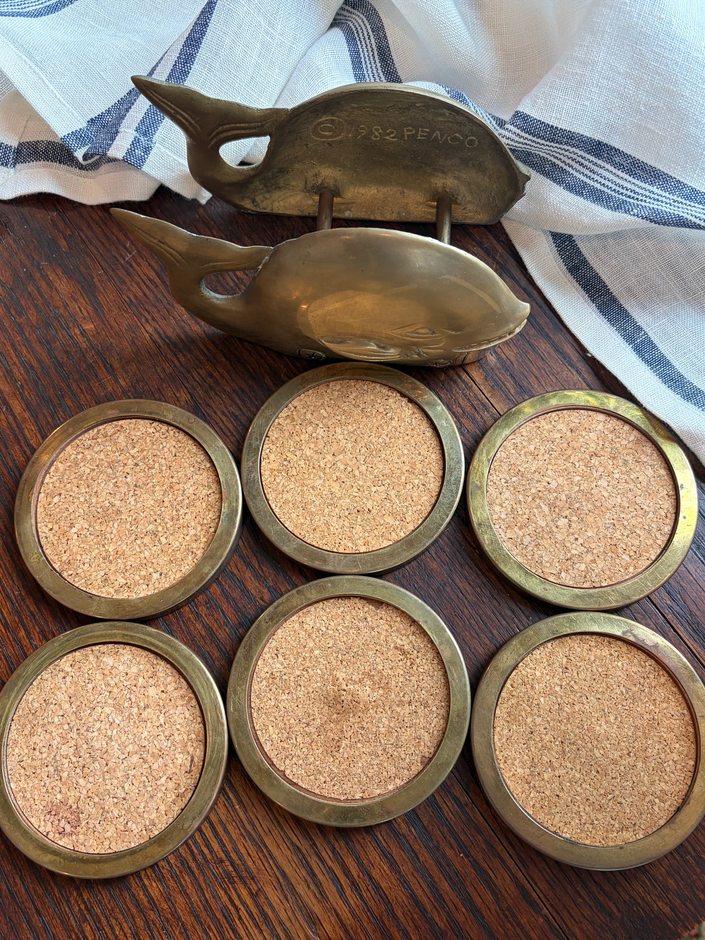 Vintage Brass Whale Coaster Holder Set