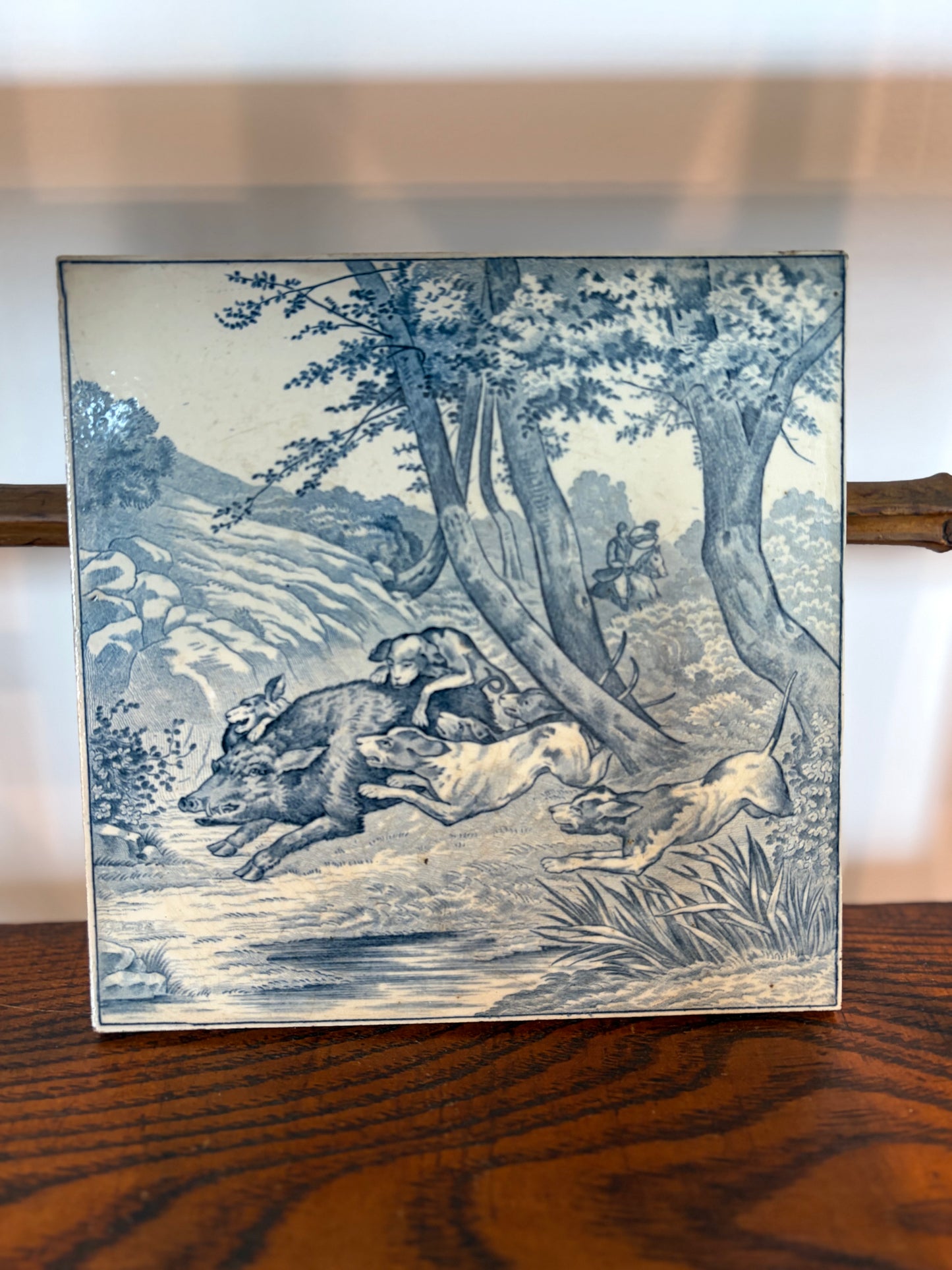 Vintage Blue and White Hunt Scene Trivet from France
