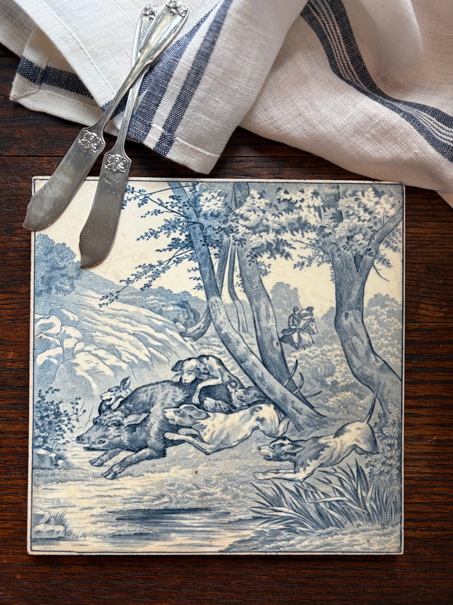 Vintage Blue and White Hunt Scene Trivet from France