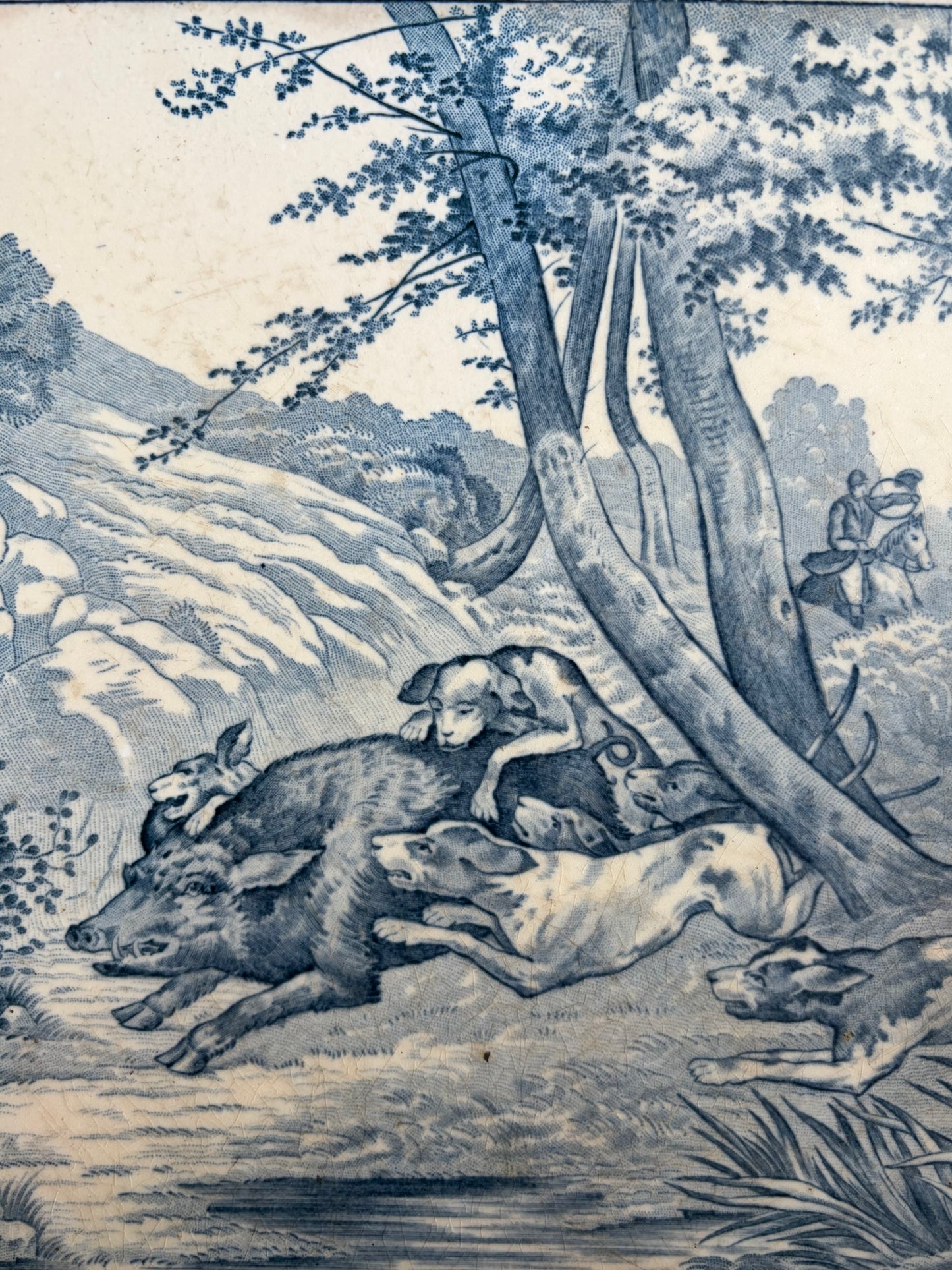 Vintage Blue and White Hunt Scene Trivet from France