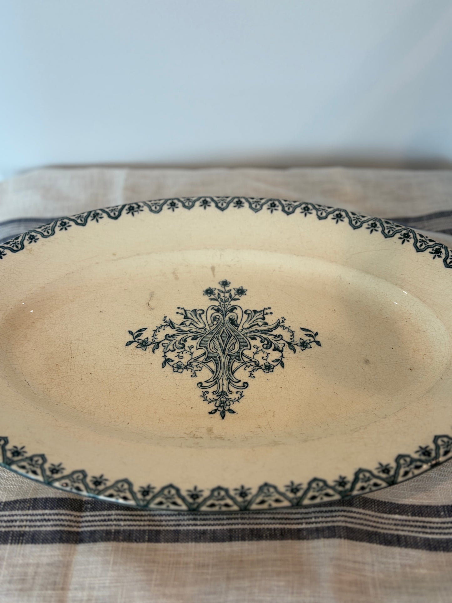 Antique Oval French Transferware Platter with Blue-Green Pattern