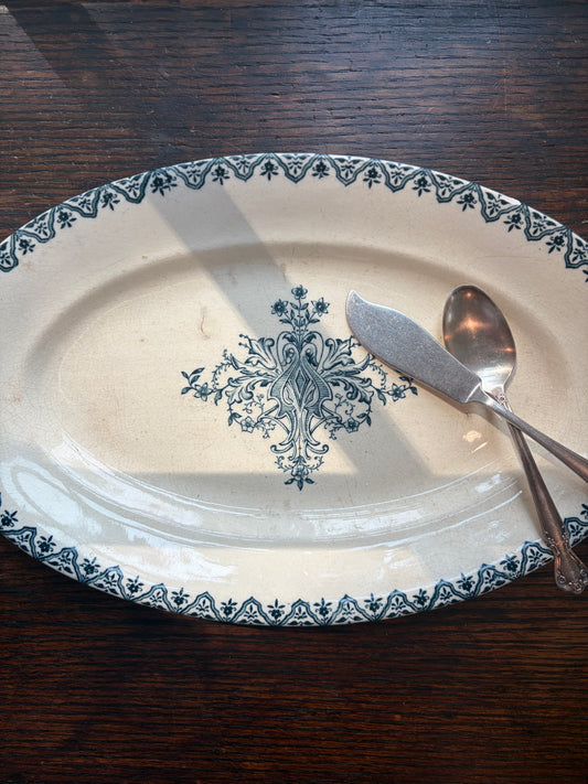 Antique Oval French Transferware Platter with Blue-Green Pattern