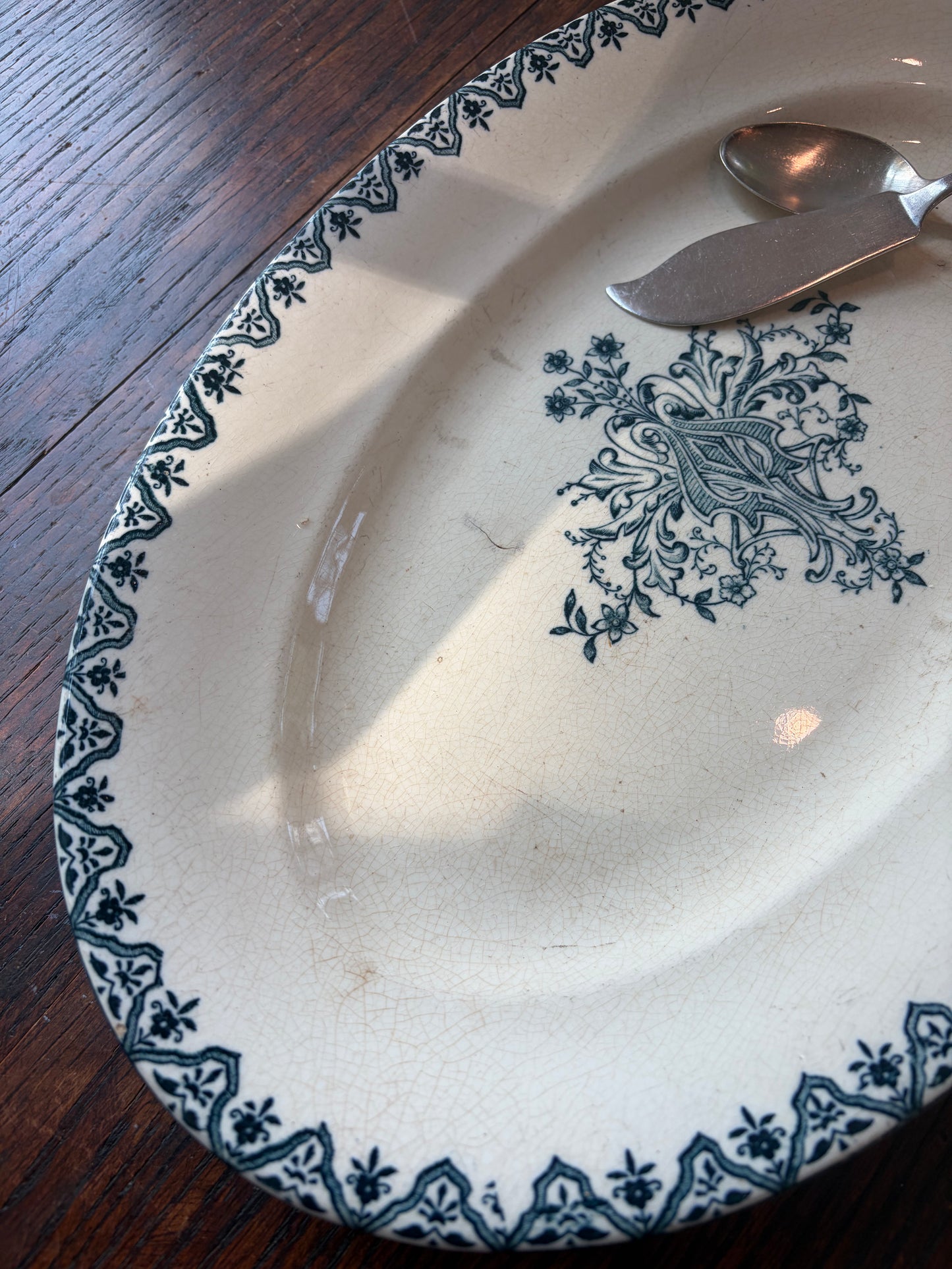 Antique Oval French Transferware Platter with Blue-Green Pattern