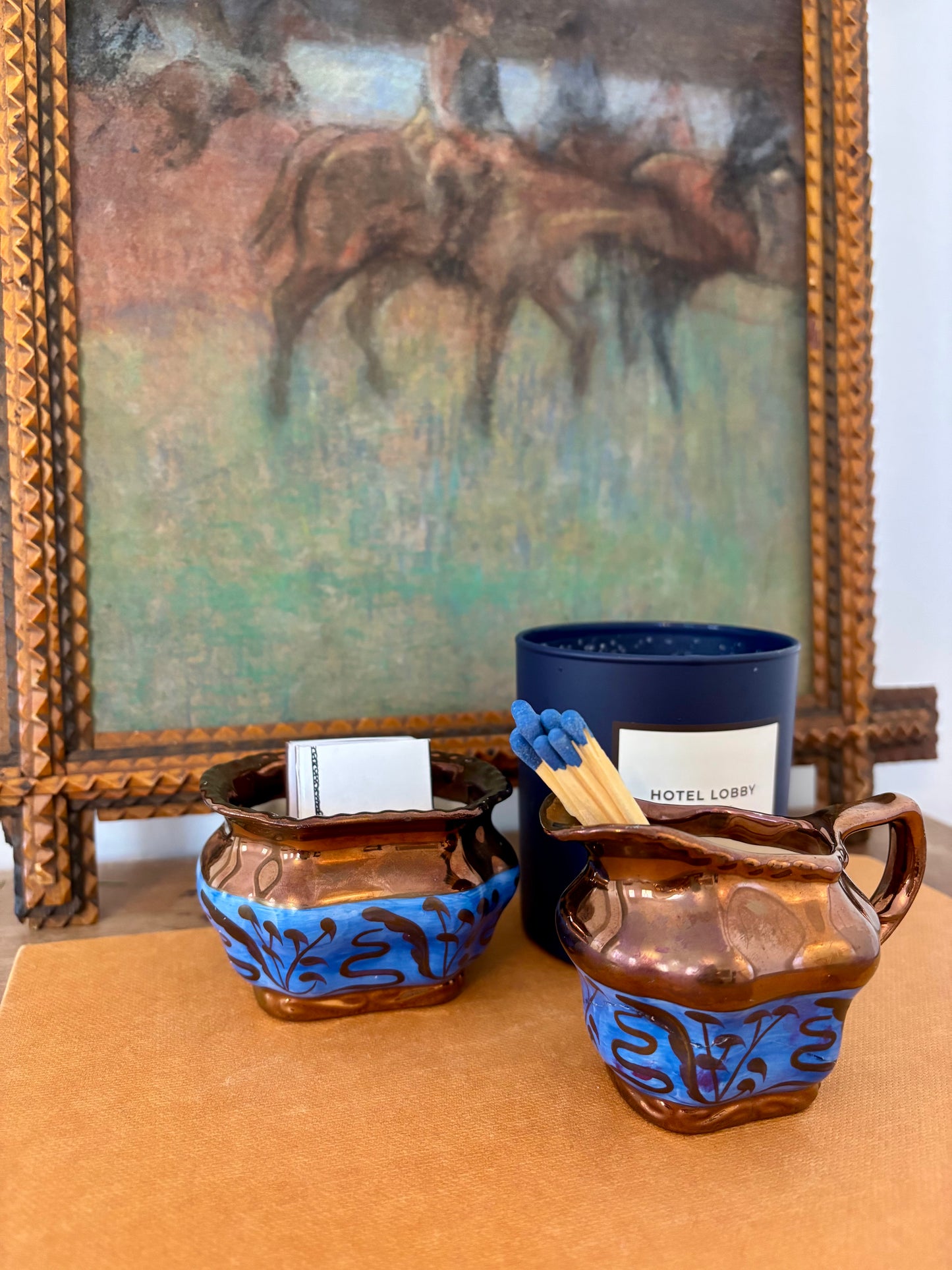 Antique Copper Lusterware Miniature Creamer and Sugar Bowl