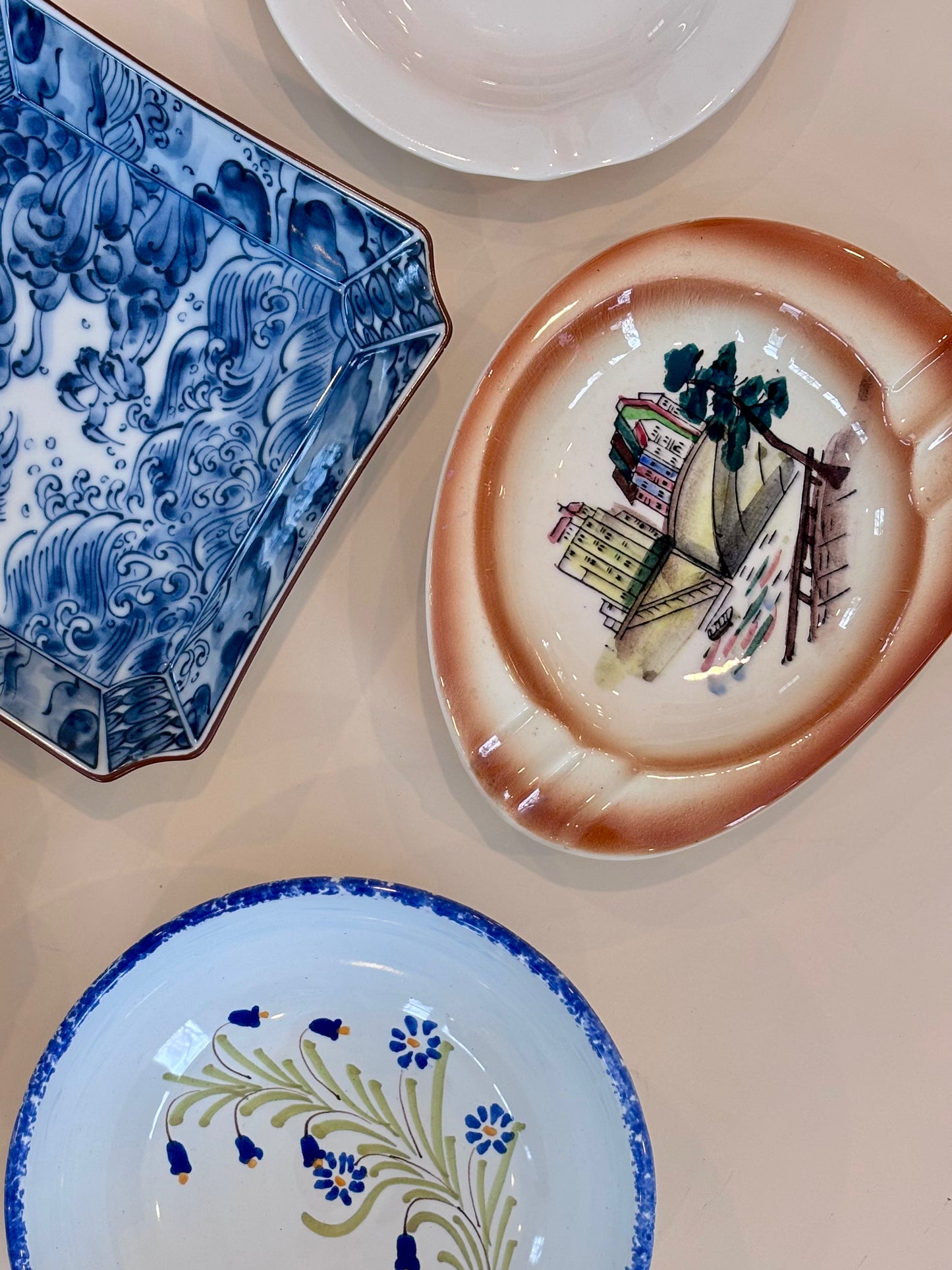 Vintage Hand-painted Ashtray with European Scene