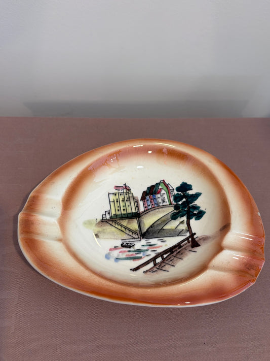 Vintage Hand-painted Ashtray with European Scene