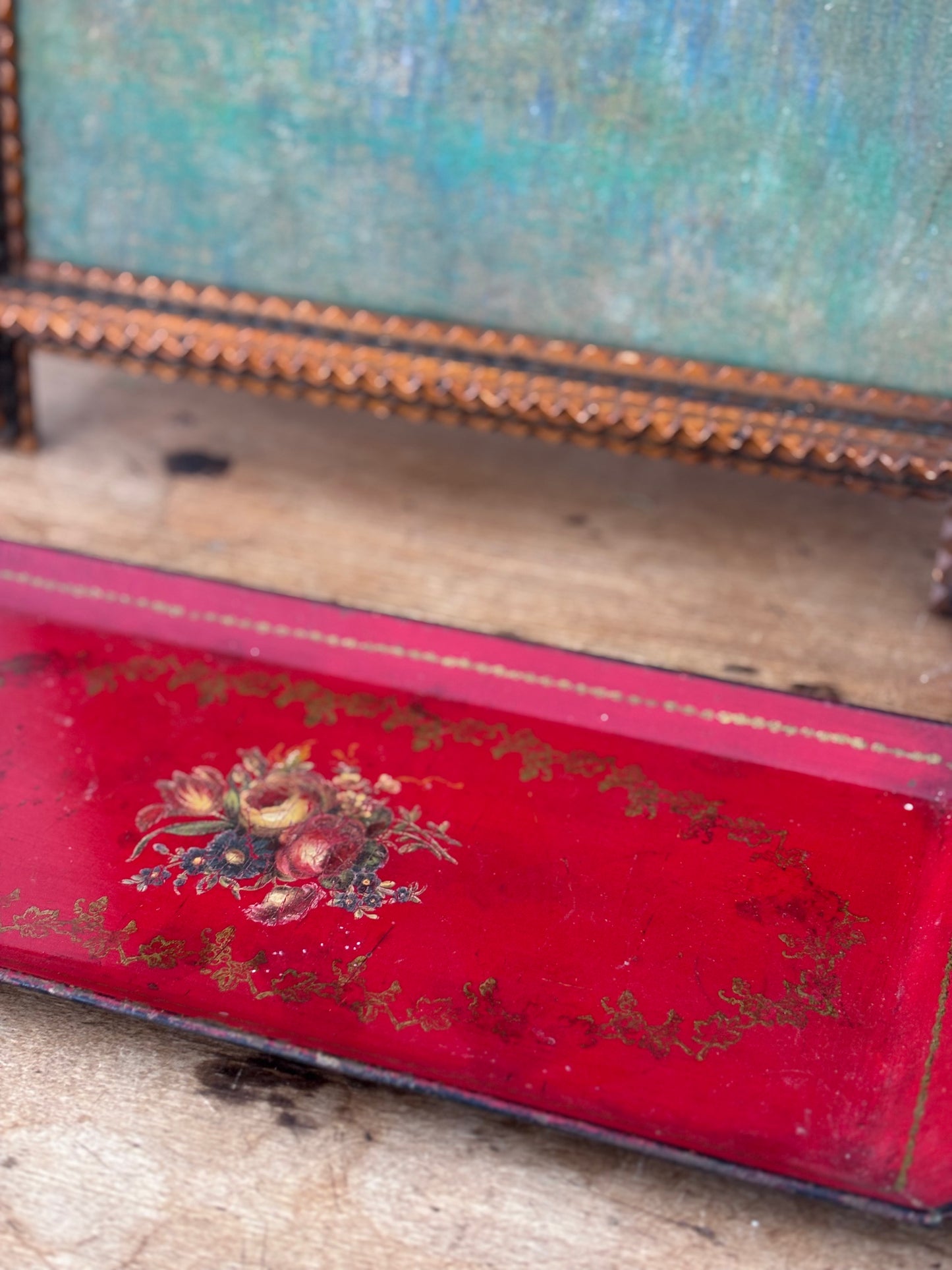 Antique French Hand-painted Tole Metal Tray