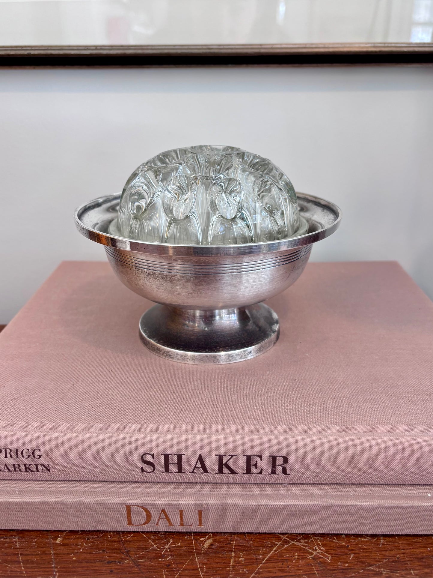 Vintage Art Deco French Flower Frog in Silverplate Dish