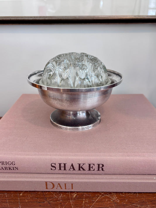 Vintage Art Deco French Flower Frog in Silverplate Dish