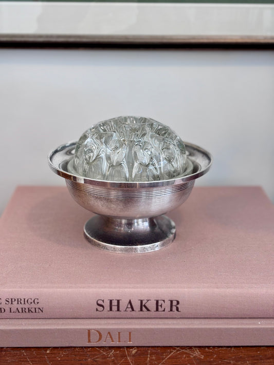 Vintage Art Deco French Flower Frog in Silverplate Dish