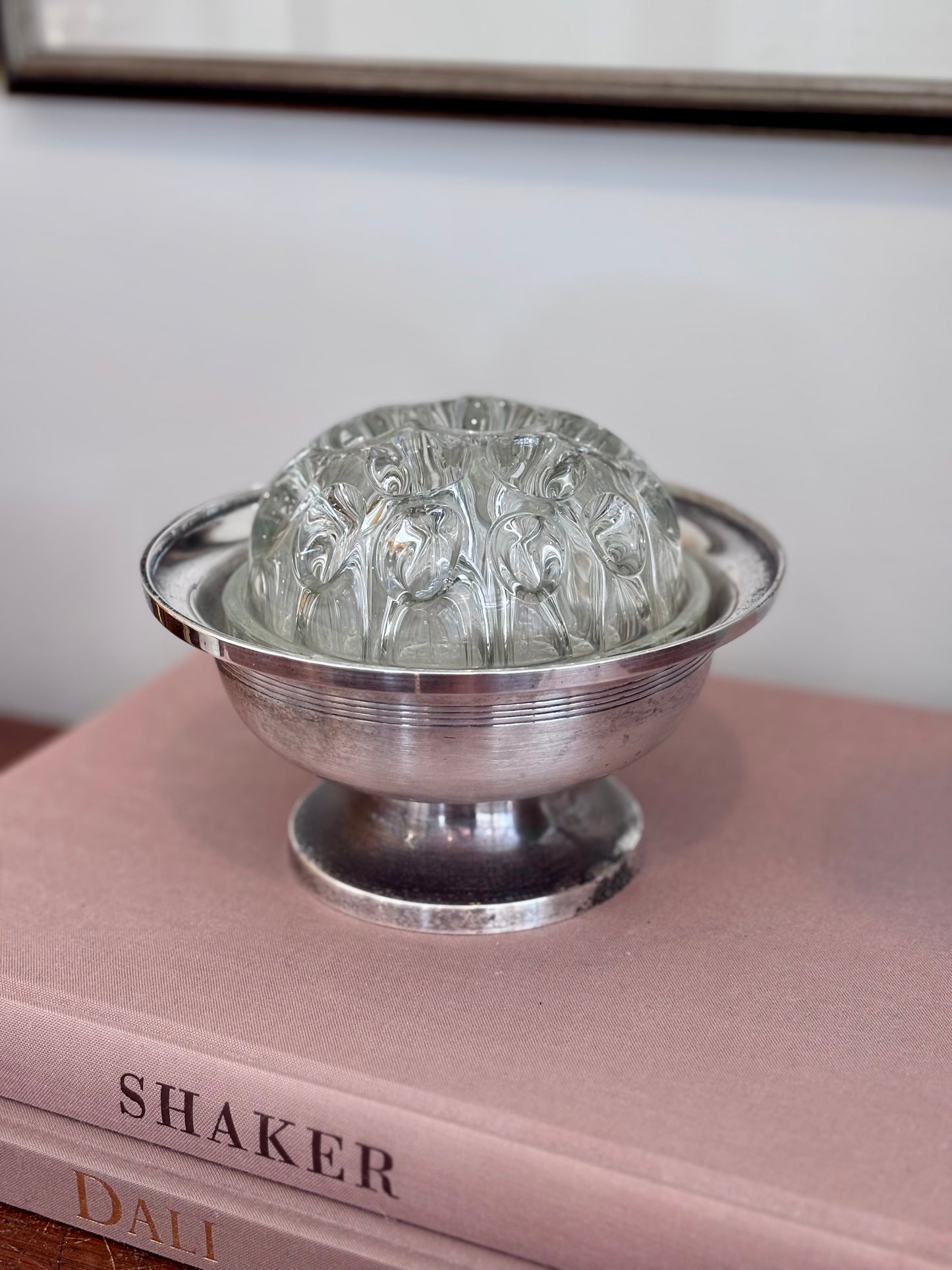 Vintage Art Deco French Flower Frog in Silverplate Dish