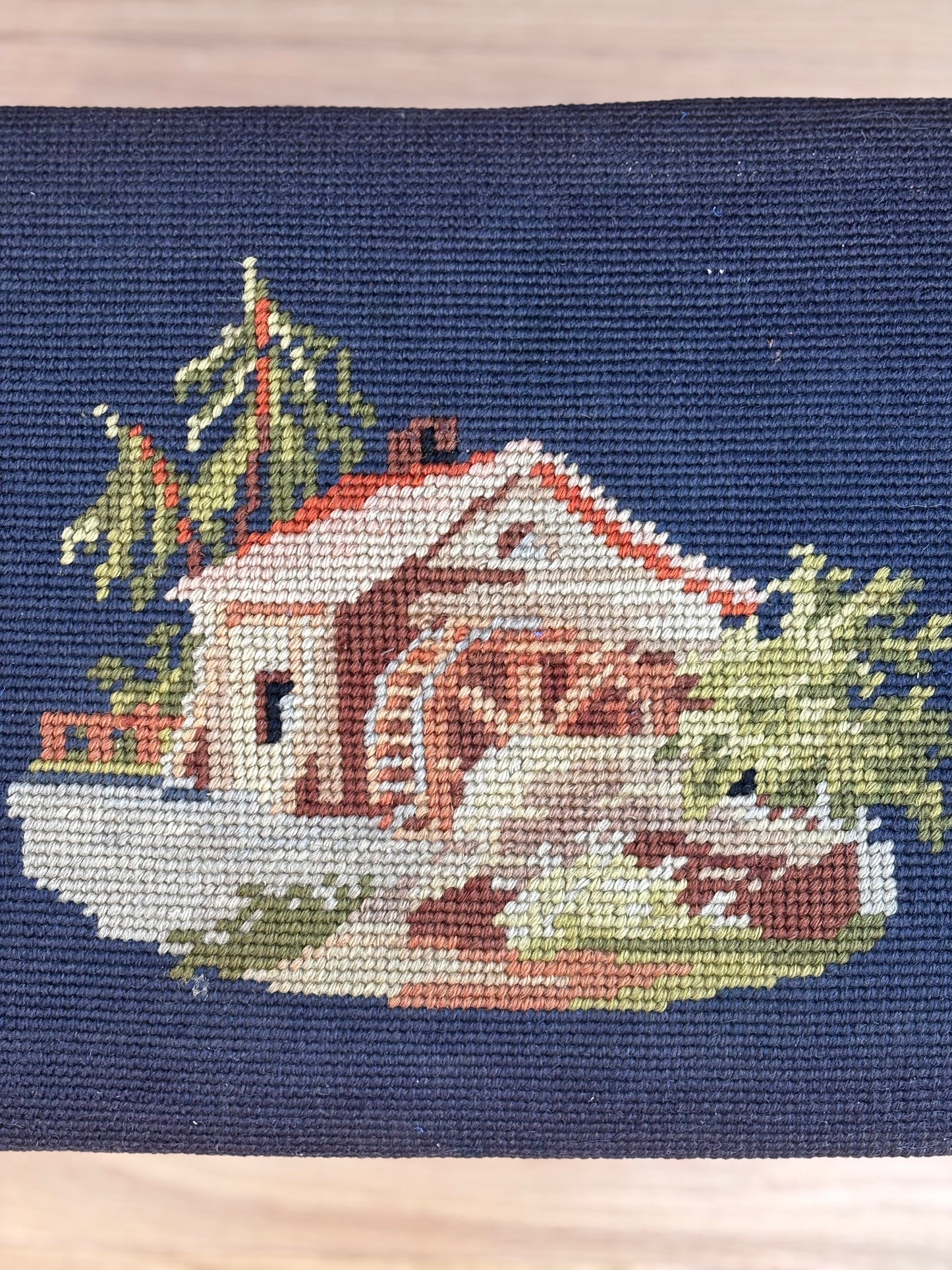 1940 Needlepoint Footstool of Watermill