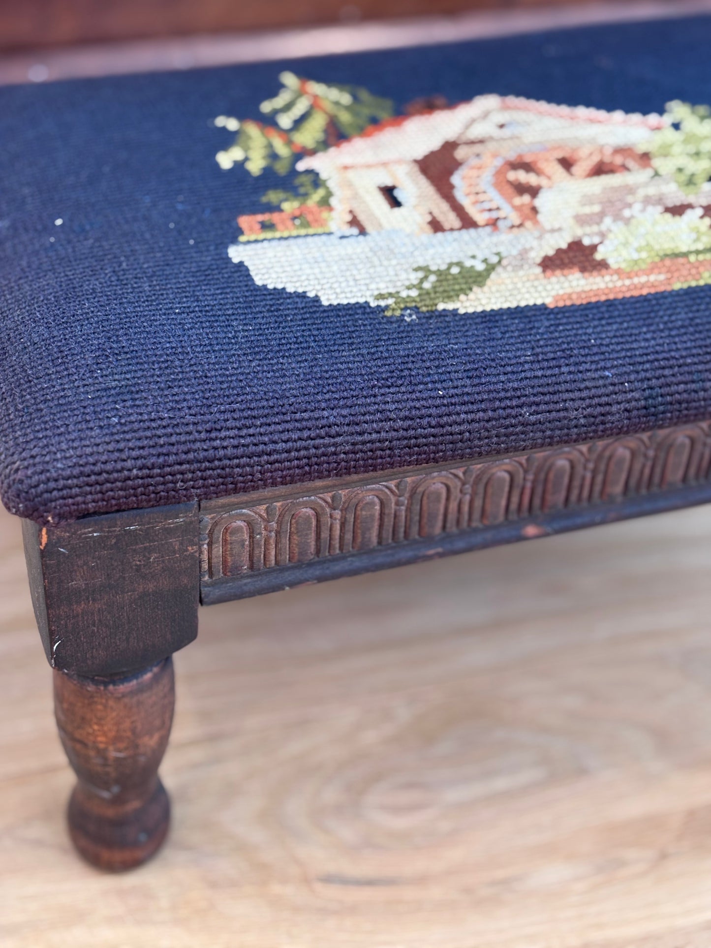 1940 Needlepoint Footstool of Watermill