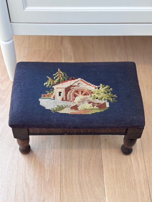 1940 Needlepoint Footstool of Watermill