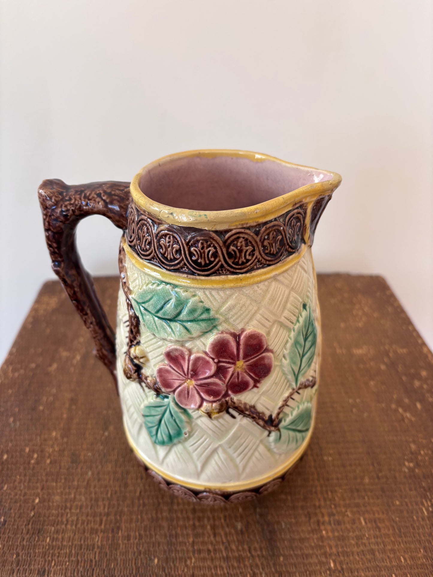 Antique Majolica Bird and Flower Pitcher