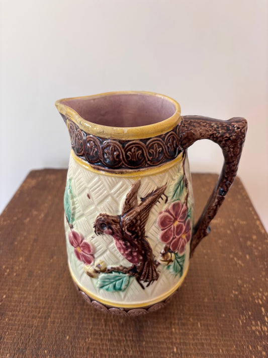 Antique Majolica Bird and Flower Pitcher
