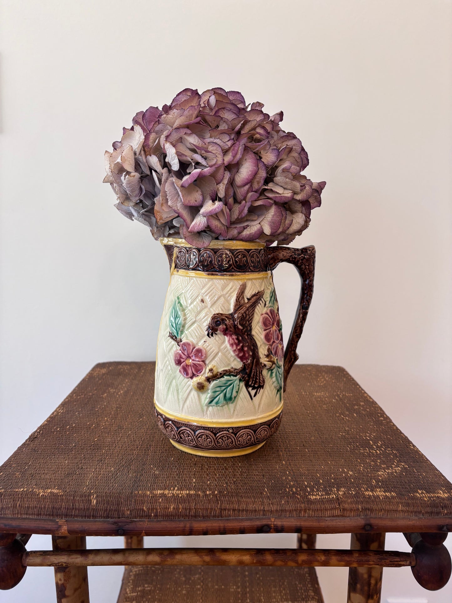 Antique Majolica Bird and Flower Pitcher
