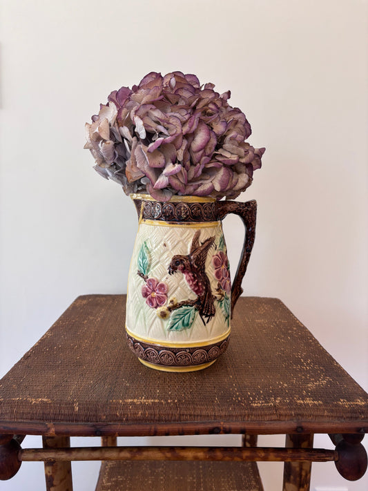 Antique Majolica Bird and Flower Pitcher