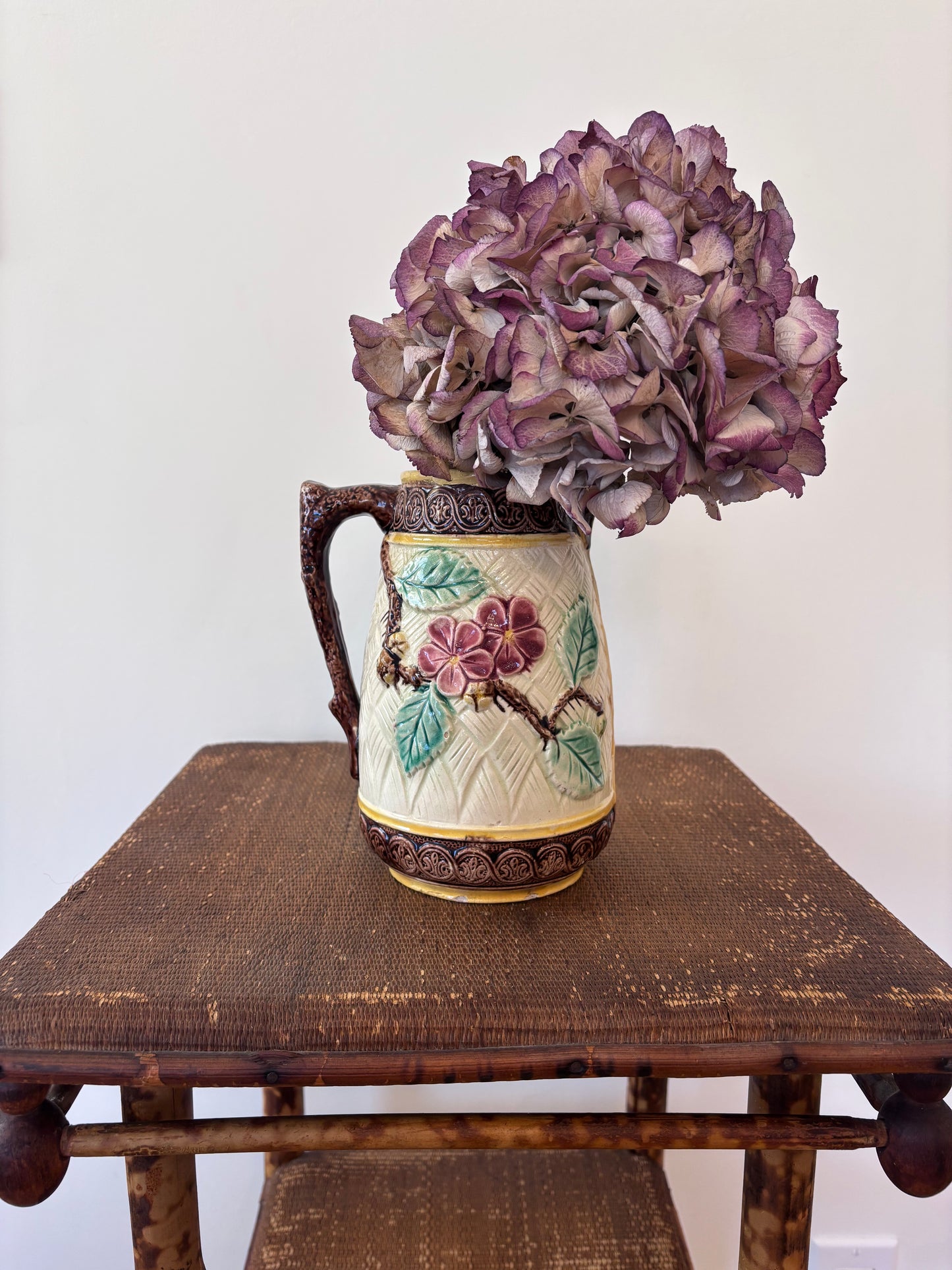 Antique Majolica Bird and Flower Pitcher