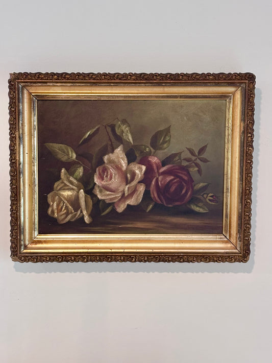 Antique Victorian Floral Oil Painting Gold Frame