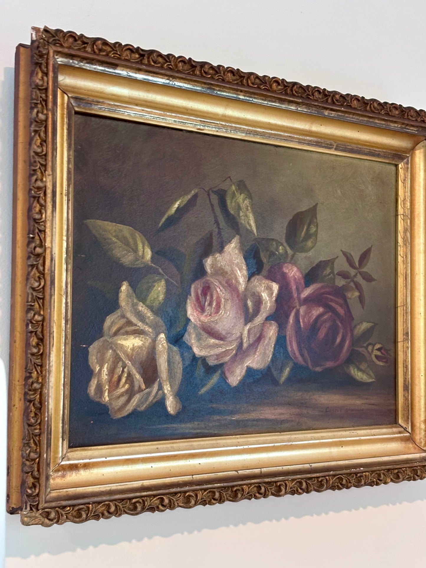 Antique Victorian Floral Oil Painting Gold Frame