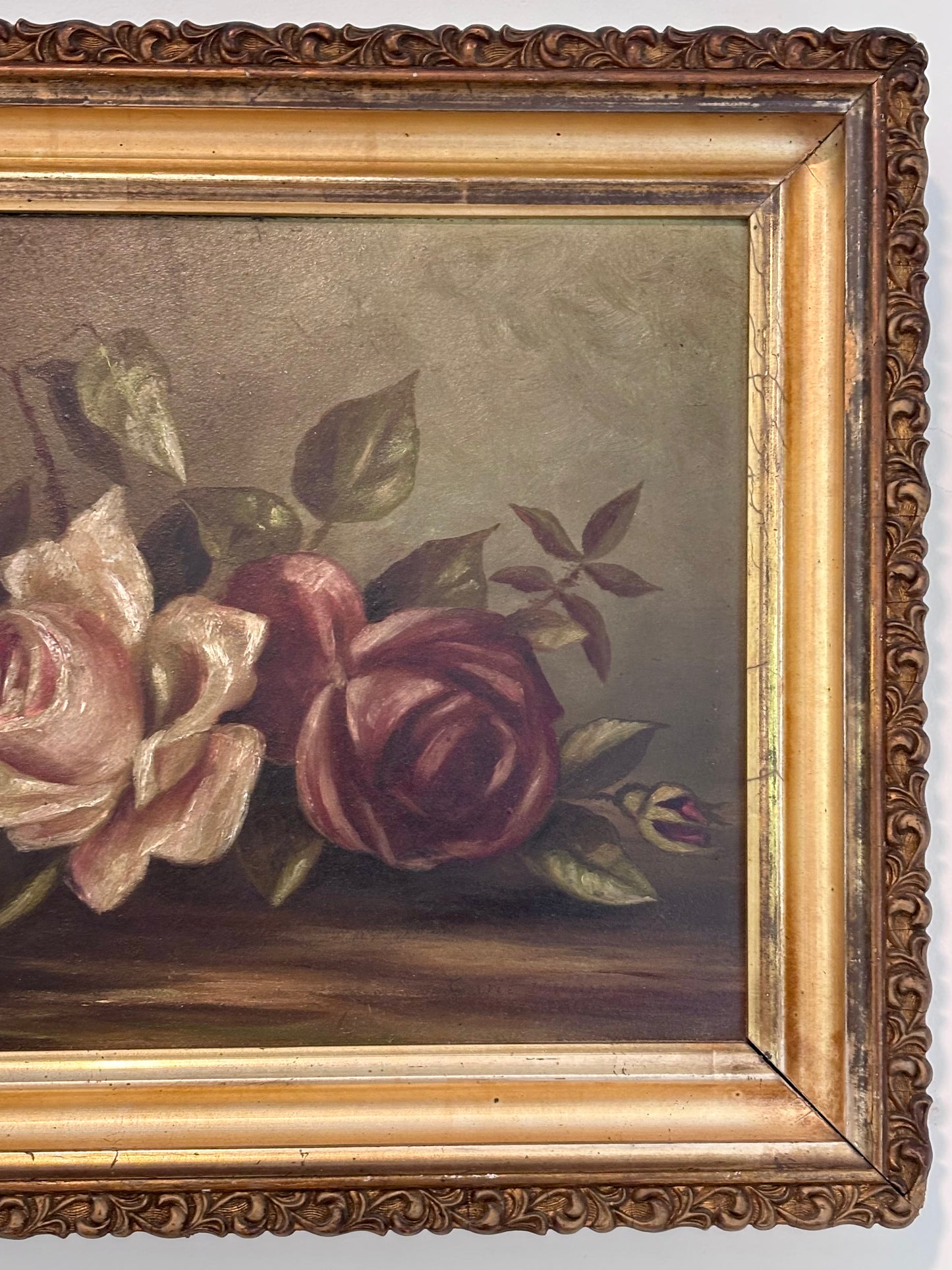 Antique Victorian Floral Oil Painting Gold Frame