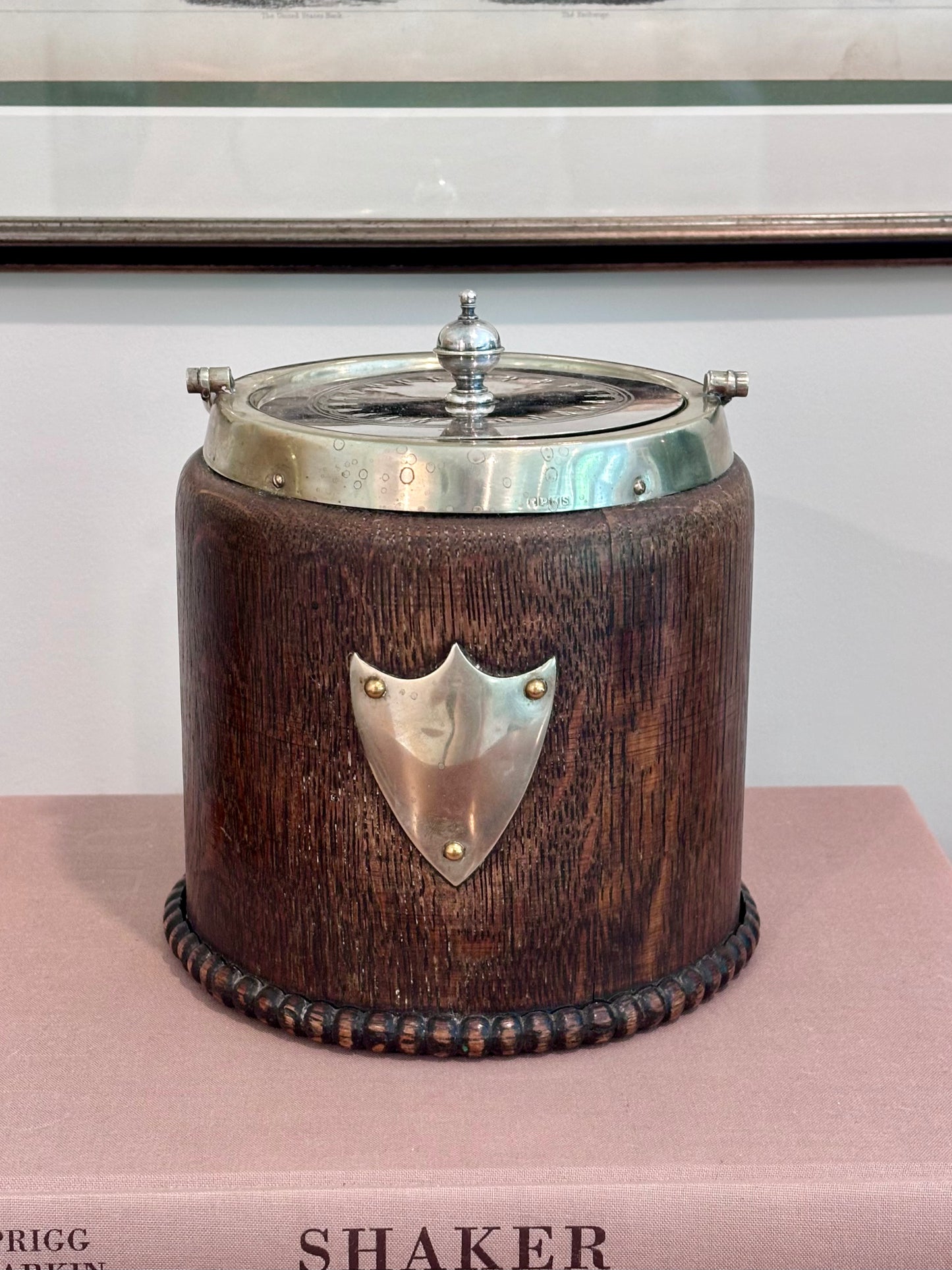 Antique English Biscuit Barrel with Jenny Lind Flow Blue Interior