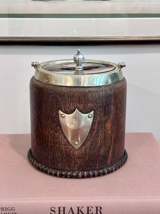 Antique English Biscuit Barrel with Jenny Lind Flow Blue Interior