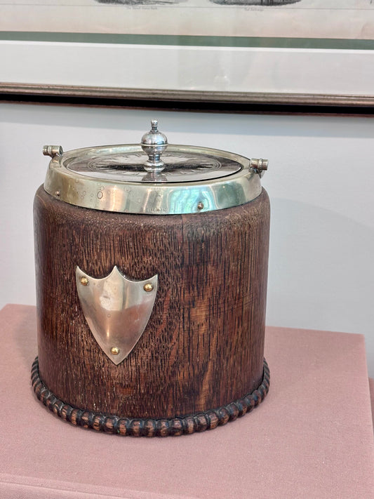 Antique English Biscuit Barrel with Jenny Lind Flow Blue Interior