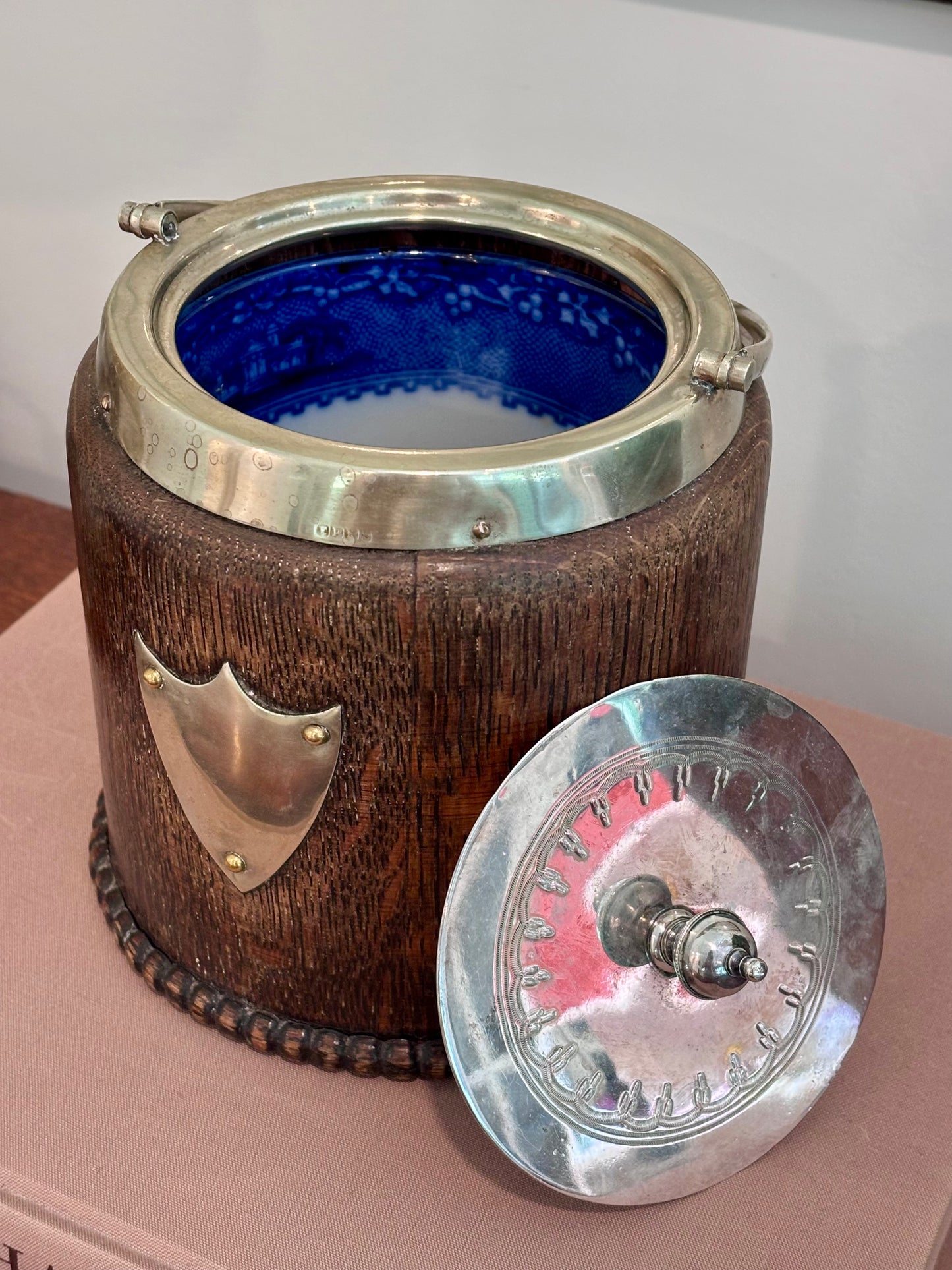 Antique English Biscuit Barrel with Jenny Lind Flow Blue Interior