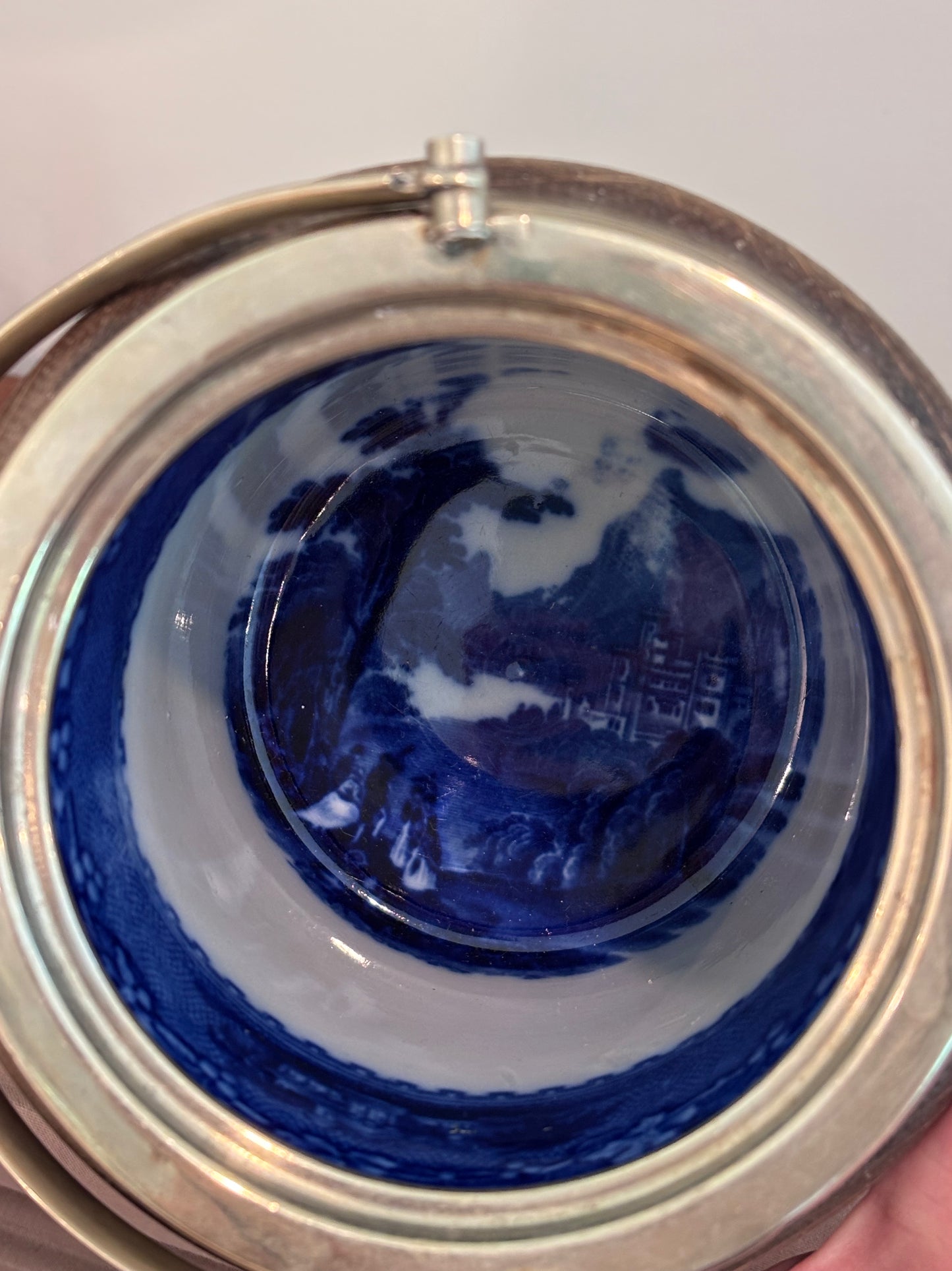 Antique English Biscuit Barrel with Jenny Lind Flow Blue Interior